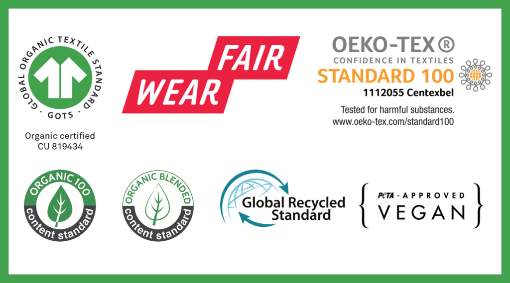 Lista di loghi di certificazioni di sostenibilità come fair wear, gots, vegan approved, oeko tex, global recycled standard